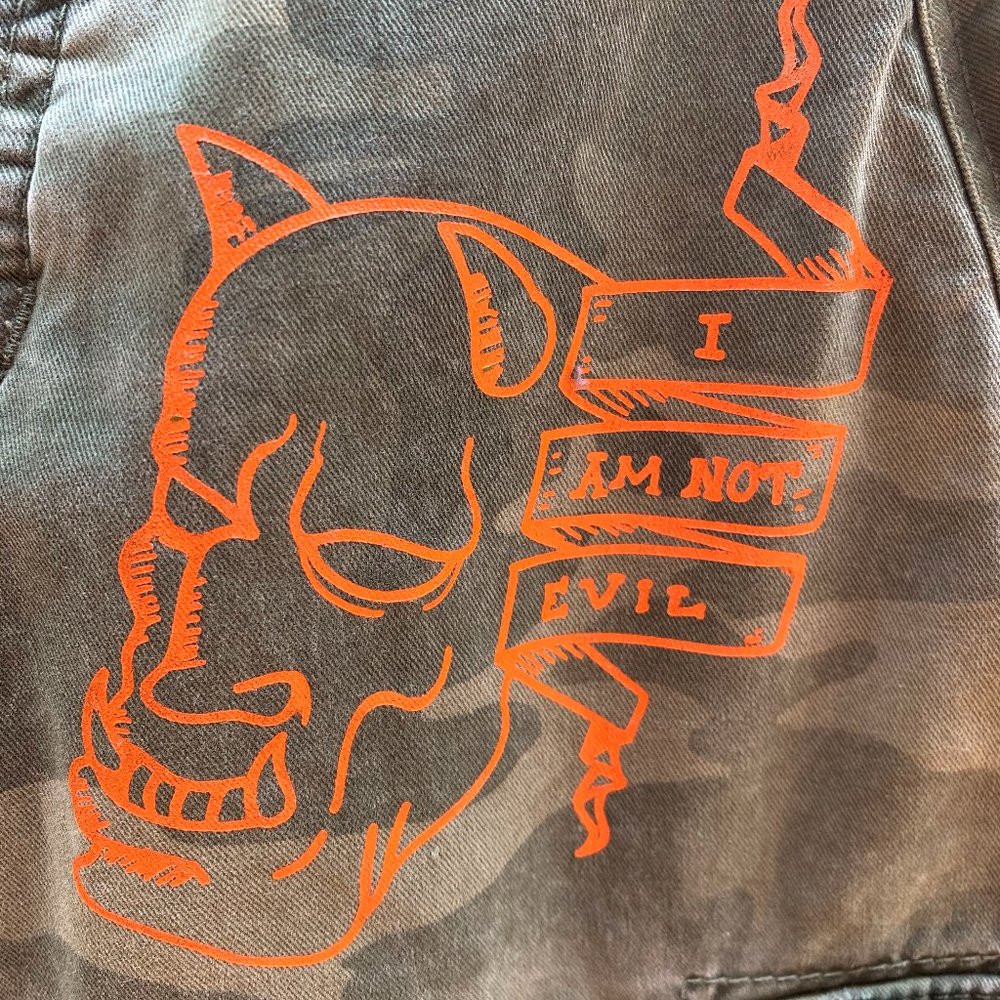 Upcycled Abercrombie and Fitch Camo/Cargo Pants with Handpainted Devil Face
